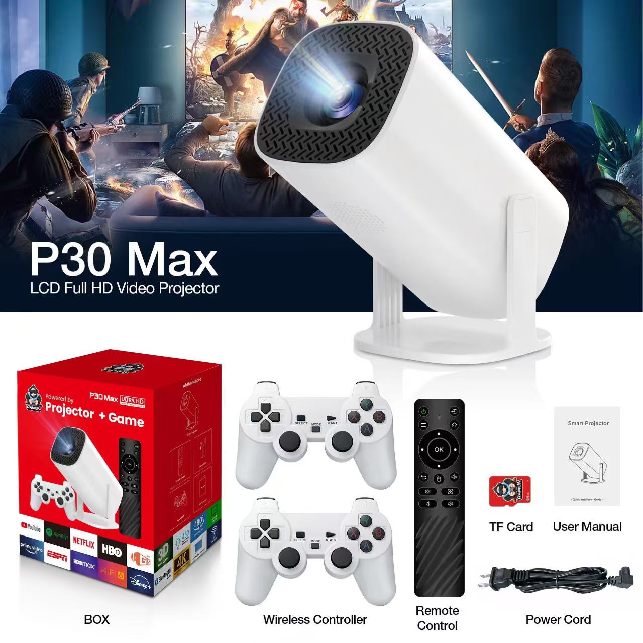 Retro Gaming And Projector - 3D-Spieleprojektor P30MAX Retro-Videospielkonsole Kabelloser Controller 4K