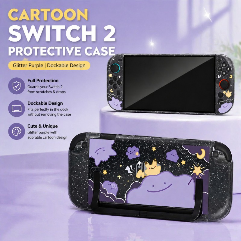 Retro Gaming Case - Cartoon-Schutzhülle für Nintendo Switch 2, Glitzer-Lila,